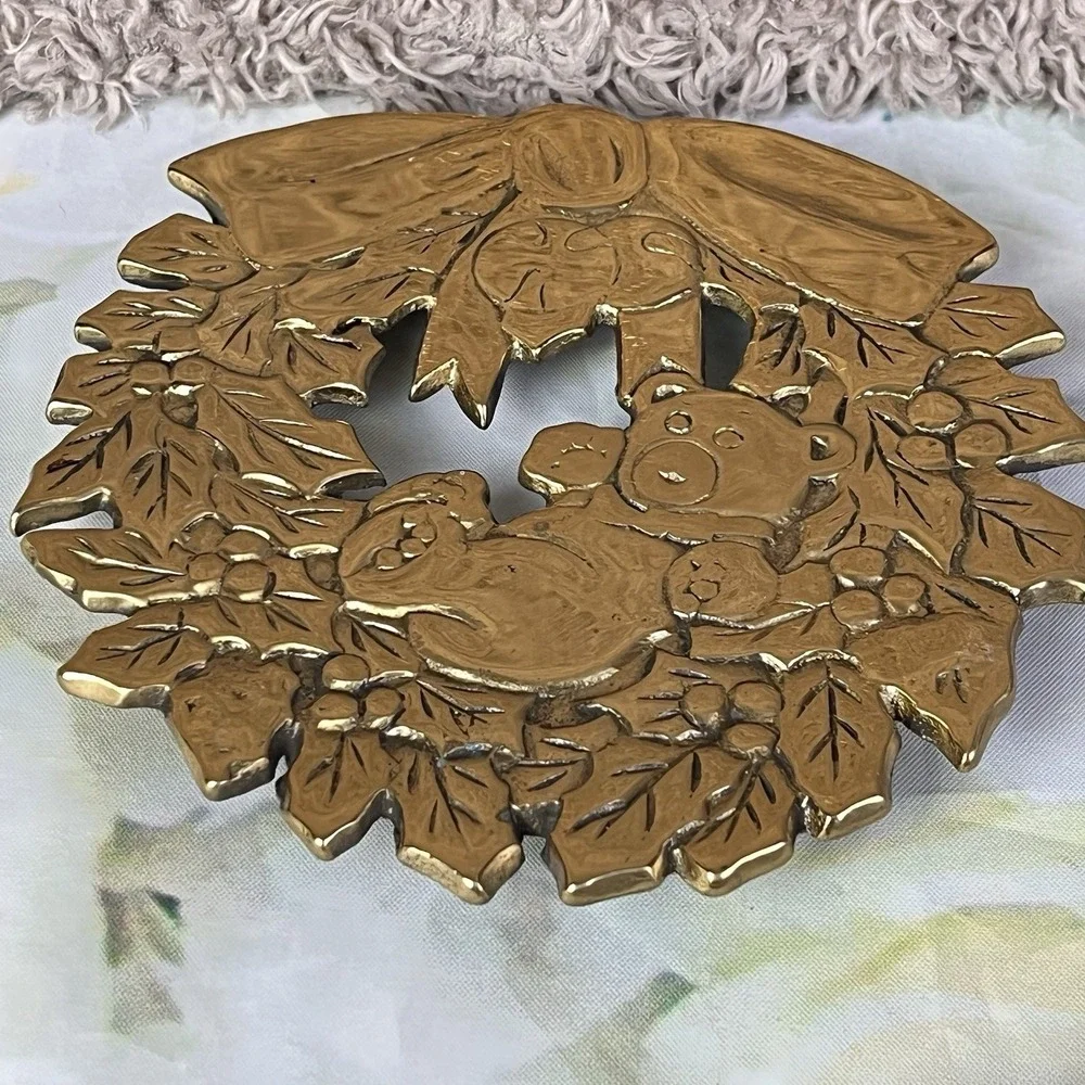 Vintage Rubel Brass Christmas Wreath With Teddy Bear Trivet Pot Plant Stand